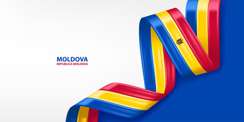 Moldova 3D ribbon flag. Bent waving 3D flag in colors of the Moldova national flag. National flag background design.