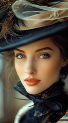 Fototapeta premium A woman with blue eyes looks directly at the camera, wearing a large, wide-brimmed hat adorned with feathers