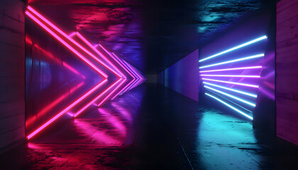 3d render. Geometric figure in neon light against a dark tunnel. Laser glow.