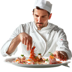 Chef in white uniform artfully preparing a gourmet dish with fresh ingredients, professional culinary presentation.
