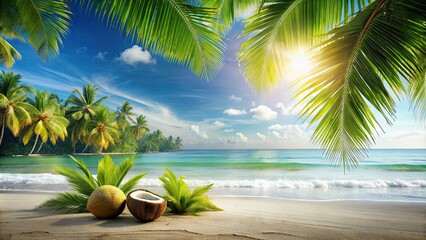 Obraz premium A serene still life photo of a refreshing summer breeze coconut forest beach with an empty mirror background , tropical