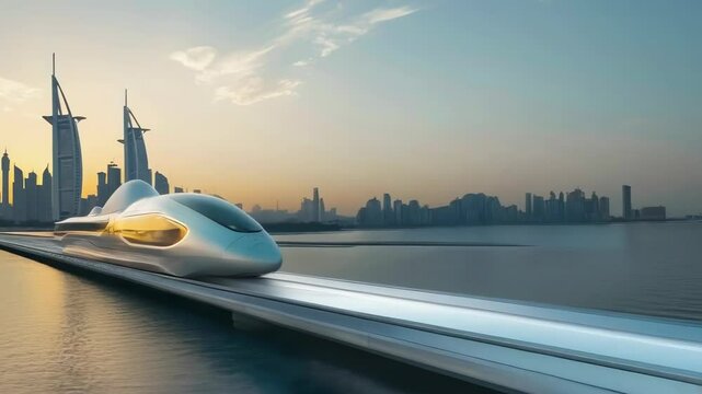 A sleek, futuristic hyperloop train glides smoothly on elevated tracks near a city skyline at dusk. The modern train features large, curved windows and a sleek design. Tall buildings, including