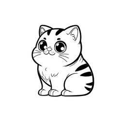 Cute kawaii Manx kitten with big eyes, sitting and smiling. Adorable cartoon cat with stripes, whiskers, fluffy fur. Perfect for children decor, stickers, and coloring books. Vector illustration