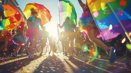 An LGBT pride parade, dozens of rainbow flags and balloons fill the iconic streets as diverse people joyfully march in celebration of love, equality and acceptance.