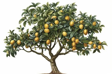 Realistic Drawing of Lemon Fruits Hanging from a Branch with Leaves in a Botanical Style. Generative AI