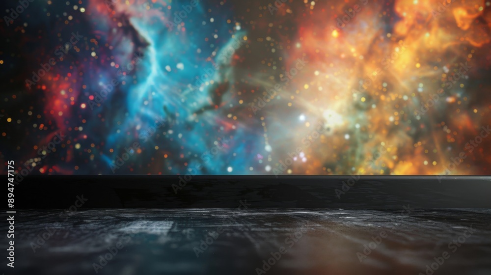 Poster a dark, textured floor with a blurred background of a colorful galaxy.