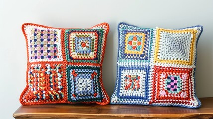 Two mosaic crochet pillows on a wooden table by a white wall.