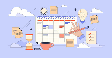 Study planner for effective time management tiny person neubrutalism concept. Plan for learning organization and timetable with homework, exam or lectures vector illustration. Monthly school calendar