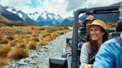 A smiling woman drives a jeep on a scenic mountain road with snowy peaks in the background, evoking a sense of adventure and freedom in nature.