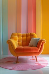 Cozy Orange Armchair in Modern Living Room with Colorful Striped Wall and Pink Rug