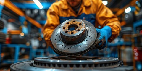 Mechanic inspecting car brake pads and rotors in service station.