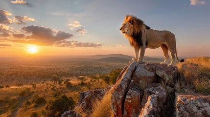 A regal lion looks over an expansive landscape from a rocky ledge at dawn, under a sky painted with soft hues, symbolizing mastery and dominion over the land.