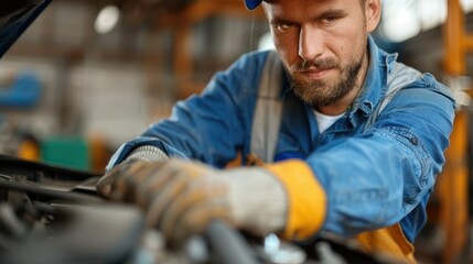Fototapeta premium A determined mechanic in denim attire with gloves works diligently on a car engine in a workshop, emphasizing the importance of mechanical skills in automotive maintenance and repair.