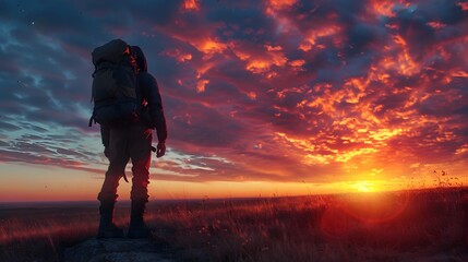 Obraz premium Lone Adventurer Silhouetted Against Vibrant Sunset Landscape with Rugged Terrain and Dramatic Lighting
