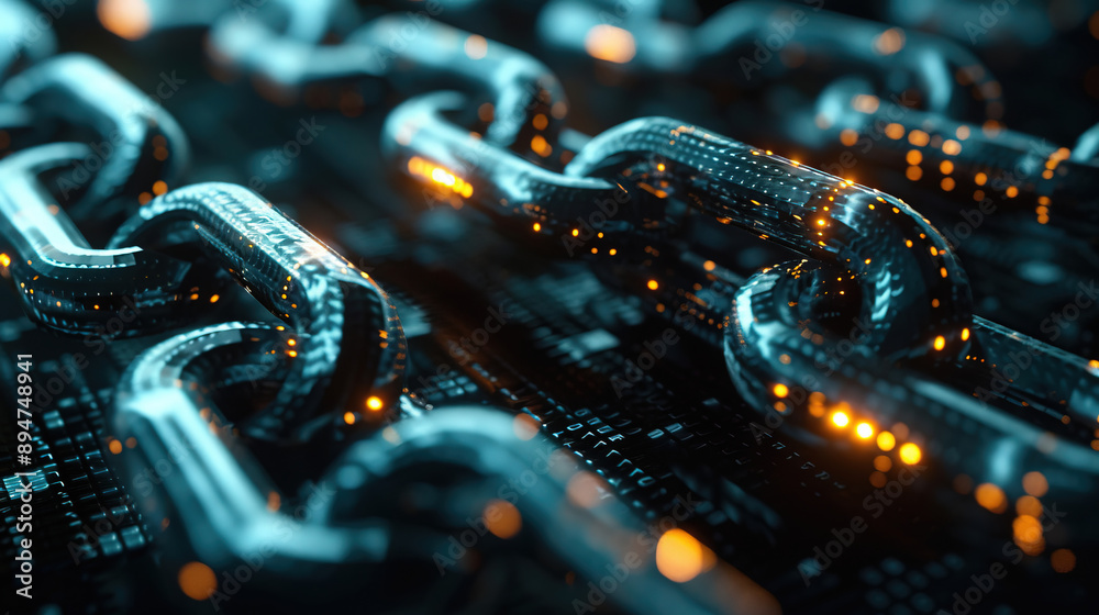 Poster concept digital blockchain technology. blockchain chain with digital network and binary code. smart 