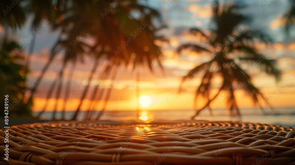 Poster A close-up of a wicker table with a blurry sunset and palm trees in the background.
