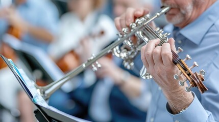 A trumpet player performs during an orchestral setup, showcasing musical excellence and teamwork among musicians, highlighting the essence of a classical music setting.
