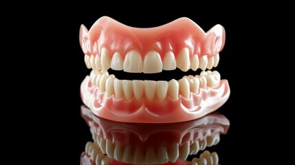 Obraz premium A contrastingly clean display of upper and lower artificial dentures with white teeth and pink gums on a shiny black surface.