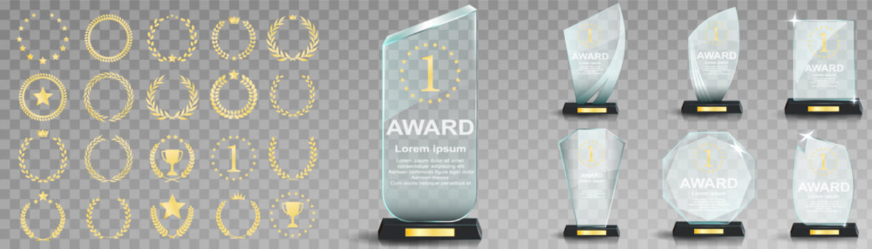 Glass award trophy set. Transparent prize template. Winner first place concept. Vector illustration. Winner glass trophy. First place award, crystal prize and signed acrylic trophies. Glass awarding