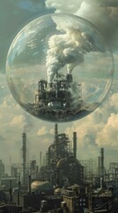 Digital illustration of an eco-dystopia: factories emit smoke on barren land, Earth in a protective sphere, contrasting trees foreground.