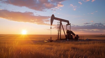 Fototapeta premium Peaceful scene in a field at sunrise/sunset with an oil pump jack, blending nature and industry. Warm sky, clouds, and shadows create a tranquil coexistence theme.
