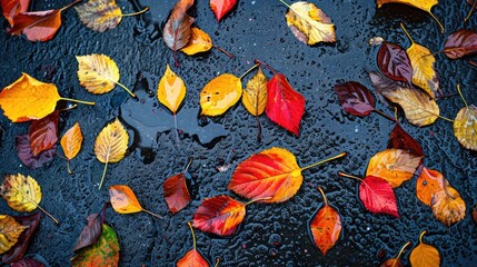 Vibrant autumn leaves on wet pavement