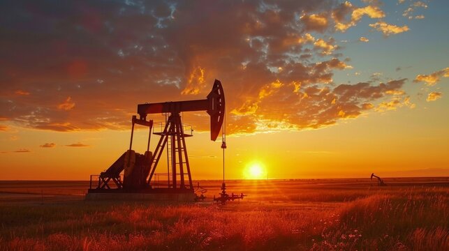 A scenic sunset with a pumpjack in a field, colorful clouds, and a warm glow. The pumpjack stands out against the vibrant sky, creating a picturesque scene.