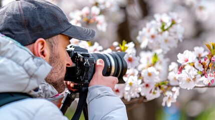 Fototapeta premium A photographer taking a close-up shot of white cherry blossoms, with the camera lens prominently featured, accentuating the contrast between technology and nature in spring.
