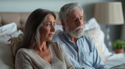 Elderly couple in cozy bedroom share emotional moment. Woman looks sad, man introspective. Room warm, intimate with cushions, plants.