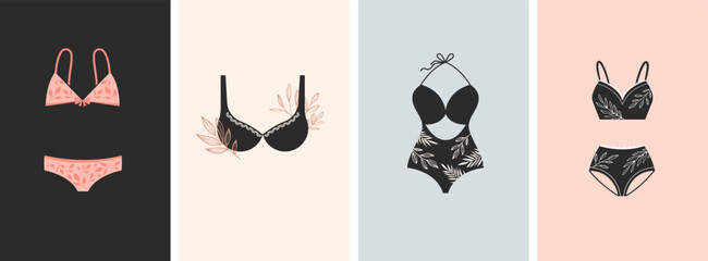 Lingerie, intimate wear, period underwear logos set. Retro, luxury vintage style. Collection of hand drawn vector design