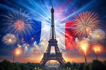 July 14th is the National Day of France. The national flag of France on the background of the Eiffel Tower. Fireworks, fireworks on the background of the night sky. Tricolour.