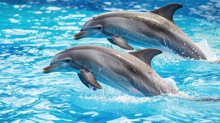 Obraz premium Dolphins enjoying the clear blue water, swimming and playing, showcasing their grace and energy