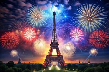 July 14th is the National Day of France. The national flag of France on the background of the Eiffel Tower. Fireworks, fireworks on the background of the night sky. Tricolour.