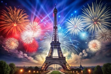 July 14th is the National Day of France. The national flag of France on the background of the Eiffel Tower. Fireworks, fireworks on the background of the night sky. Tricolour.