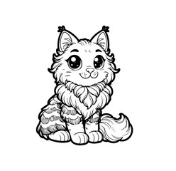 Cute fluffy Maine Coon kitten with big eyes and a happy expression. Perfect for kids coloring books, children artwork, and playful designs. Detailed black and white hand-drawn vector illustration.