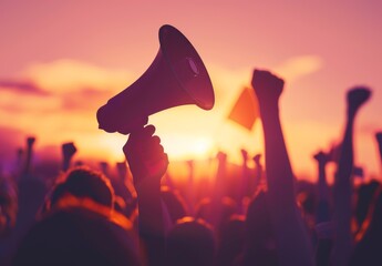 Loudspeaker in hand. Social protest and speaker with megaphone. Protester crowd and equality right. Revolt student activism. Democracy demonstration with placard. Political march