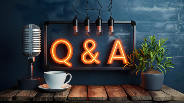  podcast with The "Q & A" yellow neon sign on the wood table with mic and coffee, concept for question and answer