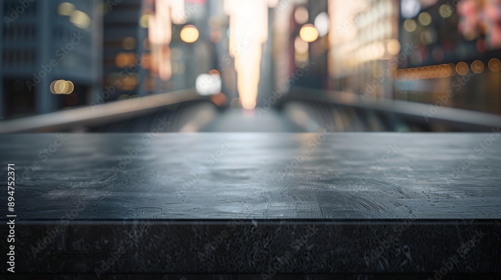 Aufkleber a dark tabletop sits in front of a blurred cityscape. the background is out of focus, showing a busy