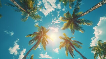 Blue sky and palm trees view from below, vintage style, tropical beach and summer background, travel concept