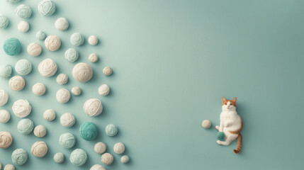 A cat is laying on a blue and white background with a bunch of balls around it