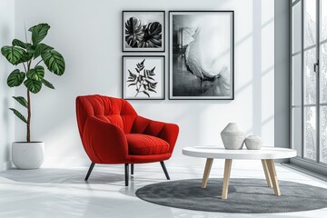 Minimalistic living room with red armchair, white coffee table, framed posters, white walls, Scandinavian decor, professional lighting, 32k resolution.