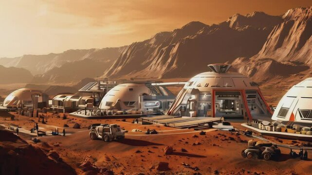 Colony base on Mars. Buildings, vehicles and equipment of colonists on a red alien planet similar to Mars