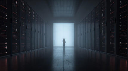 A man stands in a large, empty room with a light shining on him