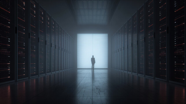 A man stands in a large, empty room with a light shining on him