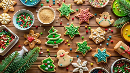 Festive cookie decorating event with a variety of cookies, icing, and sprinkles, holiday, Christmas, cookies, decorating