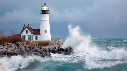 A lighthouse perched on a rocky shore with waves crashing against the rocks, set under an overcast sky, representing strength and resilience amid nature's powerful forces.