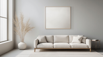 A white couch sits in a living room with a large white framed mirror on the wall