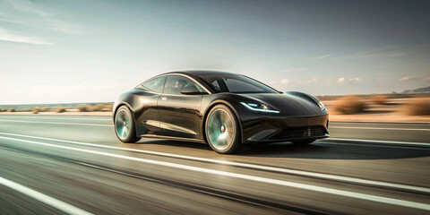Fototapeta premium A luxury sport electric car motion blur highway speed desert. Concept of future. 3d render.