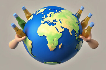 Earth globe and in front vertical sticking out of many different nationalities hands and holding bottles of beer. 3D render. International beer day.