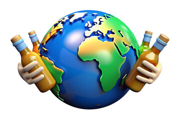 Earth globe world beer day. different nationalities hands and holding bottles of beer. 3D render. International beer day. White isolated background.